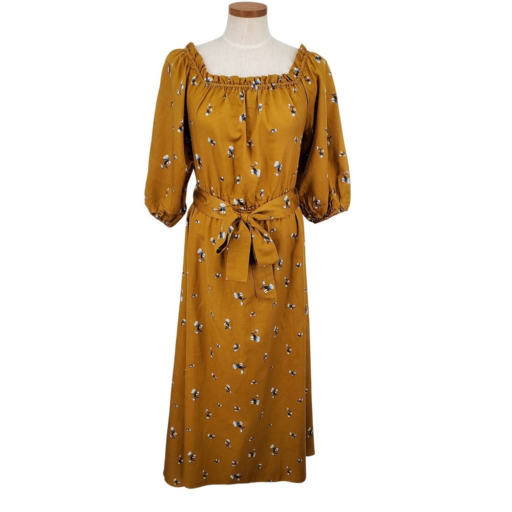 Outerknown Wildflower Dress Womens XS‎ Gold Mustard Floral Silk Organic Cotton